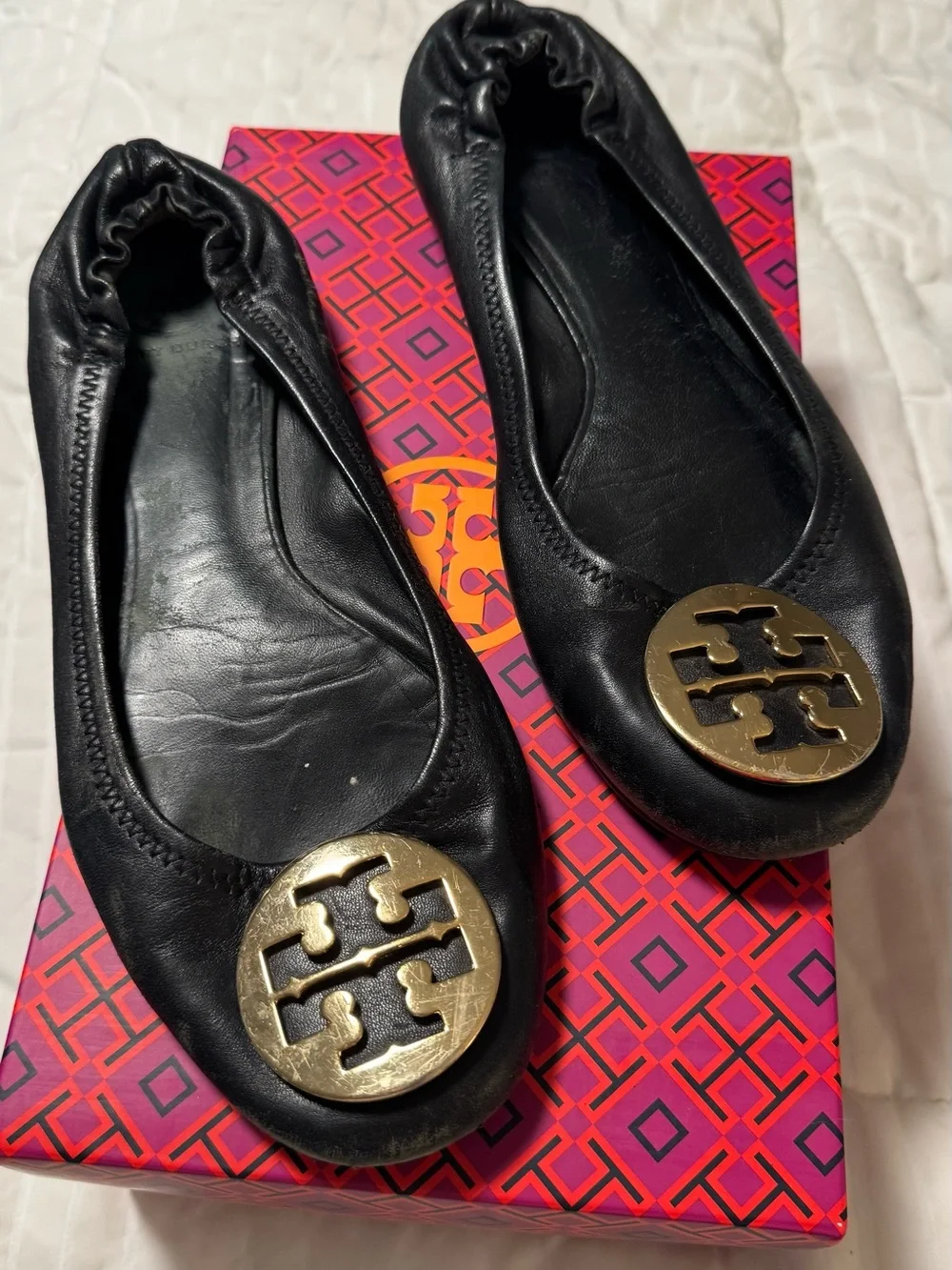 Tory Burch Black Leather Ballet Flats with Gold Logo Medallion